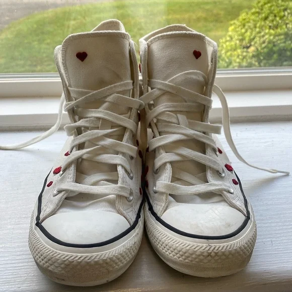 Converse Chuck Taylor ALL STAR White High-Tops with Red Heart & Roses Accents - Picture 8 of 15